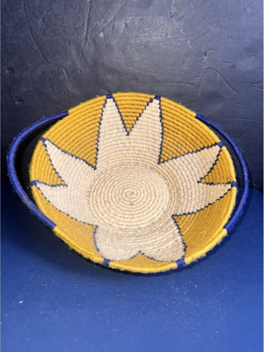 Handwoven African Wool Basket Blue Yellow White Starburst Design 9” Coiled Bowl